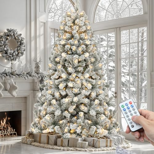 YITAHOME 6ft White Snow Flocked Artificial Christmas Tree with Remote Control