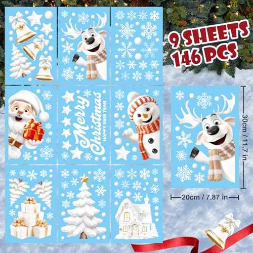 162 Pcs Christmas Window Clings - 9 Sheets White Snowman Reindeer Christmas Window Stickers, Reusable Double-Sided Printed for Home, Mall Glass, Cafe Xmas Decor