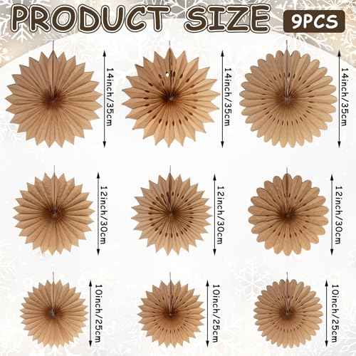 Resholder 9 Pcs Christmas Hanging Decorations Large Paper Fans Neutral Paper Fans Hanging Ornament Kit for Christmas Holiday Party Supplies Home Decorations 10/12/14 Inch(Brown)