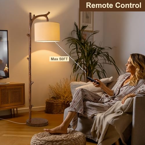 OYEARS Tree Wood-Grain Farmhouse Floor Lamp with Remote - Rustic Standing Lamp for Living Room