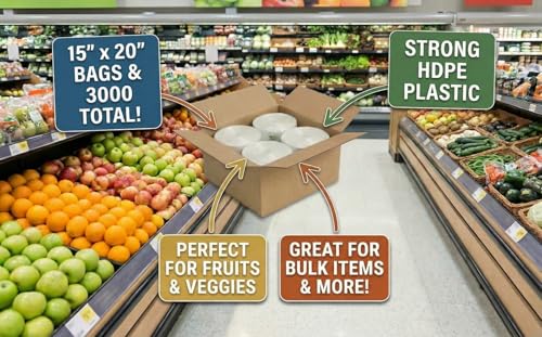 Focus Poly 15x20 Jumbo Produce Bags - 3000 Count, Leakproof & Transparent