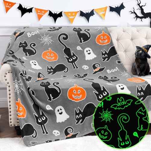 Halloween Decorations Gifts for Kids Boys Girls Glow in The Dark Blanket Toys Costumes for Women Teens 2 3 4 5 6 7 8 9 10 11 12 13 14 15 16 Years Old Ghost Boo Pumpkin Cat Bat Throw Halloween Decor