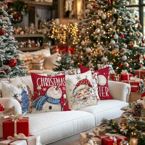 GEEORY Merry Christmas Throw Pillow Covers 20x20 Inch Set of 4, Santa Snowmen Xmas Trees Hello Winter Snowflake Holiday Farmhouse Decorative Cushion Cases for Home Decoration (Red) G602-20