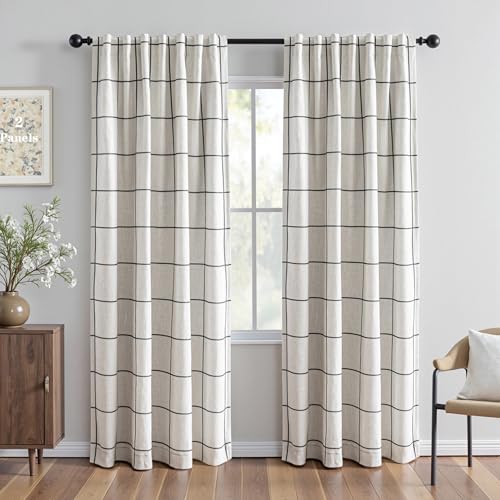 MYSKY HOME Blackout Plaid Linen Curtains 52W x 84L Double Panel Set for Living Room, Insulated & Privacy, Black