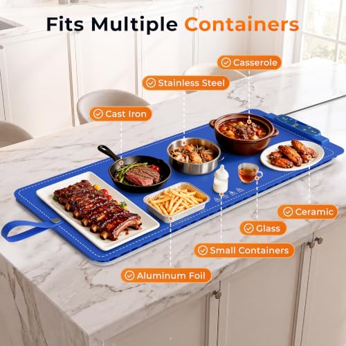 Blue Warming Mat for Food 37x15 Inch, 7 Heat Levels, 8-Hour Timer - FJAU