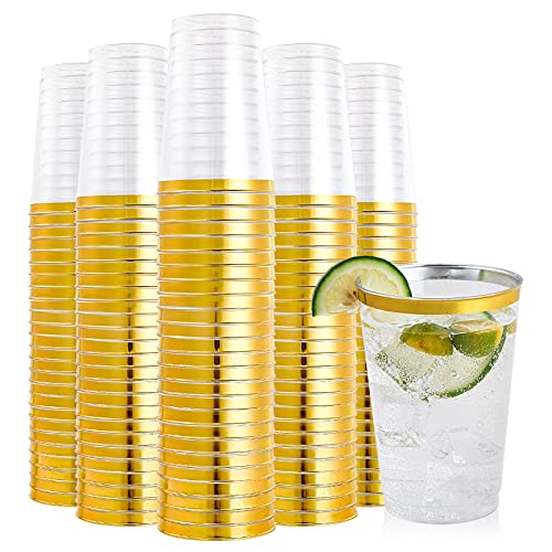 Gold Rimmed Disposable Plastic Cups 12 oz - 200 Pack, Elegant Partyware