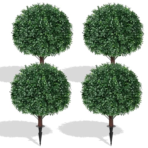 Artificial Boxwood Topiary Ball Trees - 4 Pack, Realistic Outdoor & Indoor Shrubs