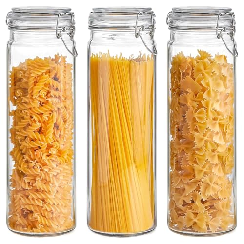 ComSaf Tall Glass Pasta Storage Containers 68 oz 3-Pack with Airtight Lids - 13 Inch Long Noodle Canisters