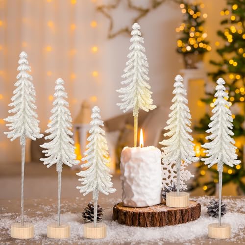 Jetec 6Pcs Mini Christmas Tree Set White with Wood Base Snowy Alpine Tabletop