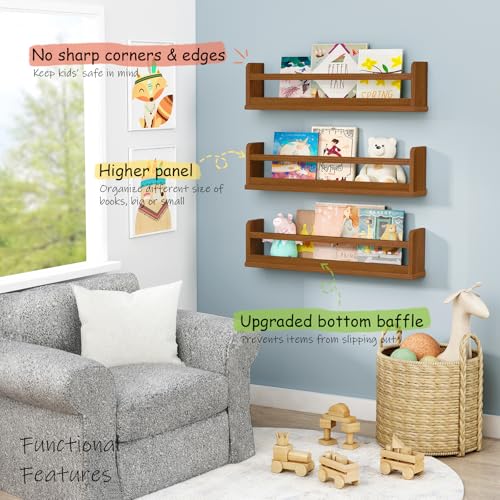 23.6 Inch Walnut Nursery Wall Book Shelves Set of 3 - Floating Kid's Storage