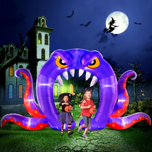 Halloween Inflatable Purple Octopus Archway - 16FT Long, 8FT Tall with Built-in LEDs
