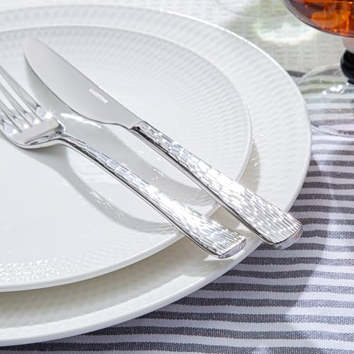 Kingstone 60-Piece Silver Flatware Set 18/10 Stainless Steel Hammered Finish for 12