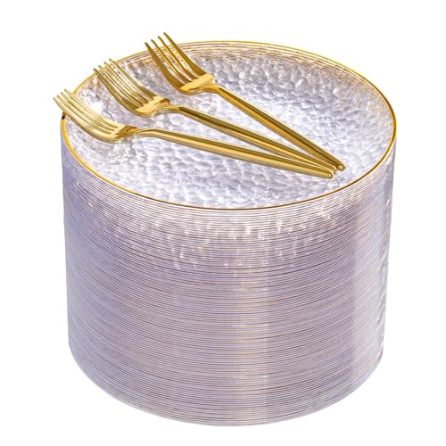 Clear Gold Hammered Plastic Dessert Plates & Forks Set - 240 Pcs Party Tableware