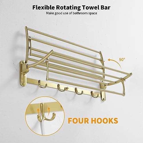 Wall Mounted Brushed Gold Towel Rack with Foldable Bar Hooks - Bathroom & Bedroom Use
