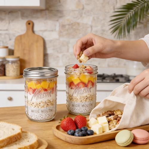 WELLIFE Clear 16oz Mason Jars 12 Pack with Lids - Wide Mouth Food Storage & Canning Containers