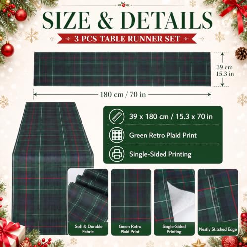 Moukeren Christmas Tartan Plaid Table Runner 70x15 Inches, Green - Set of 3