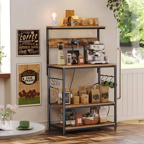 Bakers Rack with Power Outlets and Adjustable Shelves - Rustic Brown 31.5 Inch