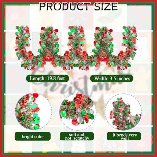 20FT/6M Christmas Tinsel Garland, Red Green Silver Metallic Twist Foil Tinsel Garland Shiny Christmas Hanging Decoration for Xmas Tree Decoration Wedding Party Supplies