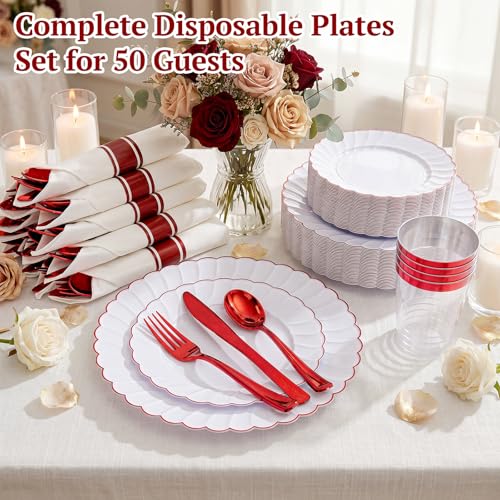 YOUBET 350PCS White and Red Scalloped Plastic Plates for Weddings (Red Variant)