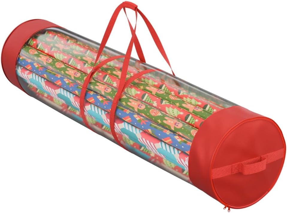 ProPik Gift Wrap Organizer - Heavy-Duty Wrapping Paper Storage Bag Holds 24 Rolls | 40-Inch Red & Clear