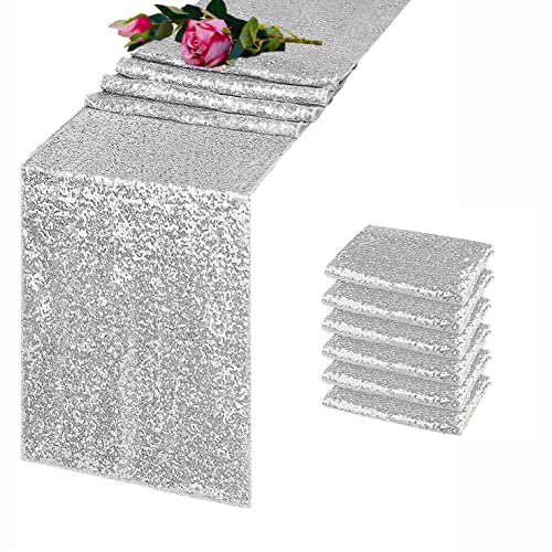 6 Pack 12x108 Silver Sequin Table Runner Set - High Density Glitter, TCBESTO