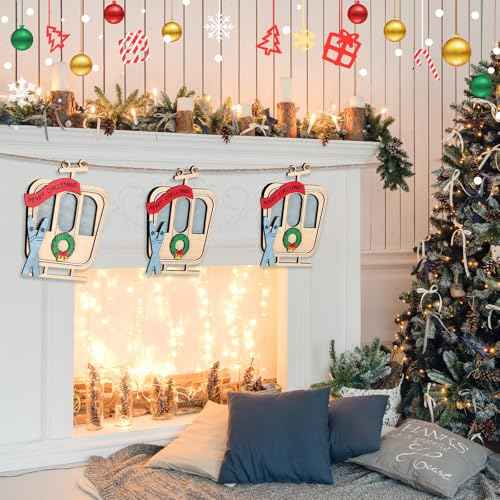 9 Foot Ski Lift Gondola Hanging Christmas Garland with Wooden Ski Ornaments and Cable Car Skier, Perfect for Home Party Decor