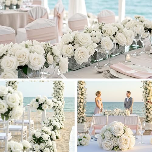 Artificial White Roses Set - 104 Realistic Fake Flowers for Wedding & Decor