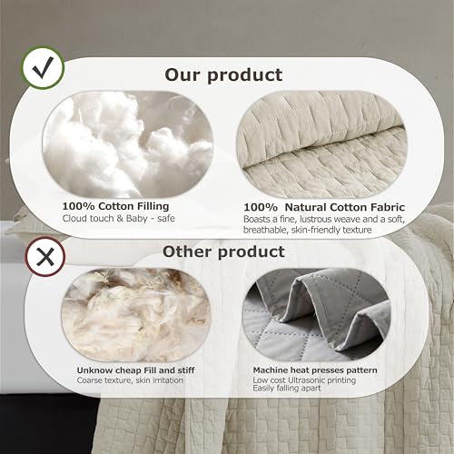 Palassio Beige 100% Cotton Quilt Set Queen Size with Pillow Shams - Lightweight Textured Bedspread, All-Season Comfort, 3 Pieces (Block-Beige / Queen 90"x96")