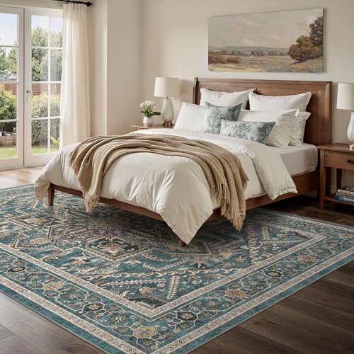 Washable Living Room Area Rug 8x10 Vintage Teal Brown Non-Slip Floor Mat