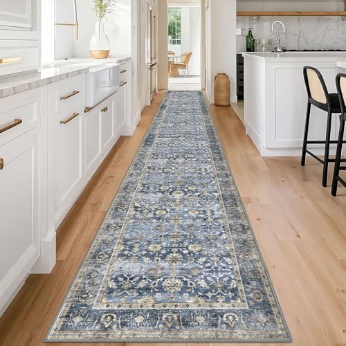 KUTA Vintage Washable Long Runner Rug 2.6x18 ft Blue Grey Beige - Non-Slip Hallway Rug