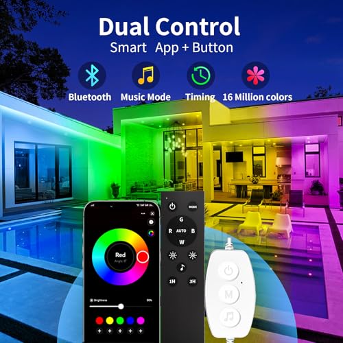 KSIPZE 50ft Waterproof Outdoor RGB LED Strip Lights with App Control, Music Sync & Timer