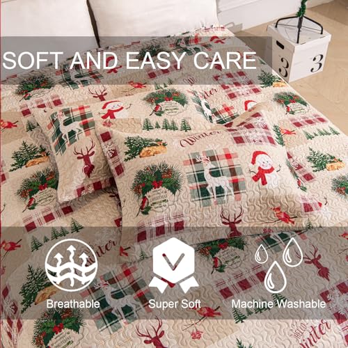 3-Piece Christmas Quilt Set Twin Size Cozy Xmas Snowman Reindeer elk