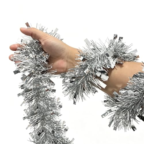 33FT Silver Christmas Tinsel Garland Decorations, Shiny Thick Rope