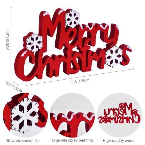 Merry Christmas Sign Wooden Tabletop Decoration, Freestanding Christmas Shelf Decor with 3D Snowflake, Red and White Xmas Decorations for Home, Mantle, Tiered Tray (Red)