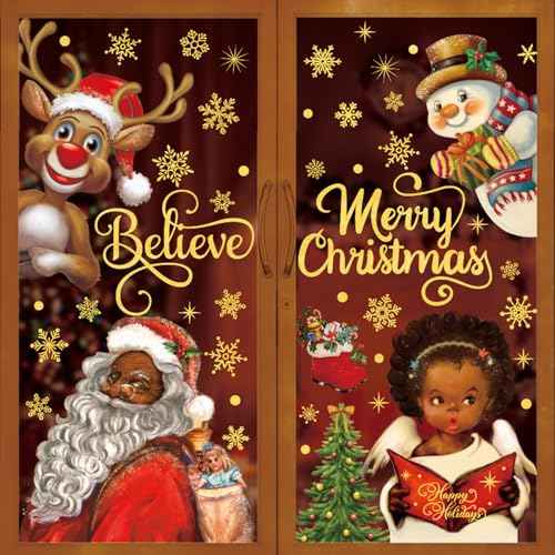 4 Sheet Christmas Window Decals Black Santa Window Clings Claus Girl Xmas Static Window Stickers Decor for Home School Party Supplies, 10 x 13.8 Inch
