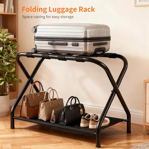 Heybly Black Luggage Rack for Guest Room with Storage Shelf - Pack of 2
