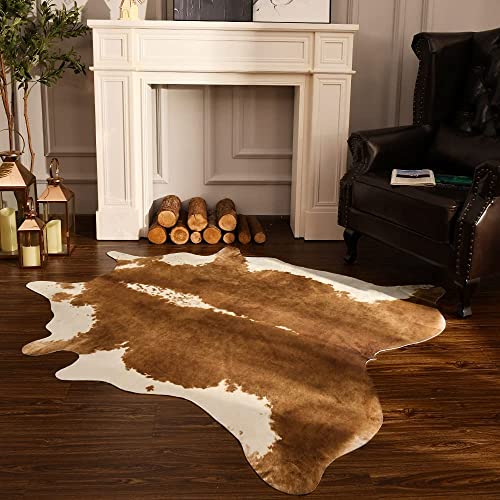 BENRON Faux Cowhide Rug Caramel 4'7 x 5'2 Irregular - Cow Print Rug for Living Room Bedroom