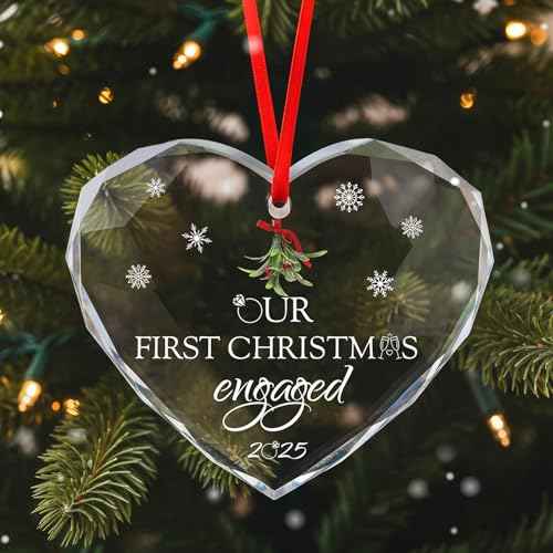 Thyle Engagement Gifts for Couples 2025 Heart Shaped Mistletoe Pattern Crystal Just Married Ornaments First Christmas Engaged Ornament for Newly Engaged Couples and Fiance Gifts for Women