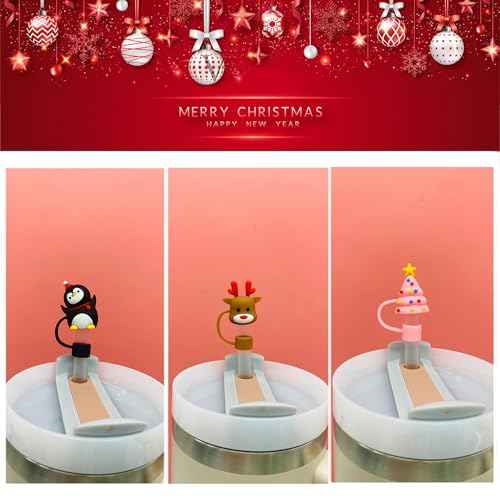 8PCS 3D Christmas Straw Cover Cap for Stanley Cup, Xmas Silicone Straw Topper Compatible with 30&40oz Tumbler with Handle,10mm 0.4in Dust-Proof Reusable Straw Tips Lids for Christmas Gifts