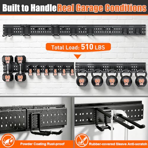 Black 64-Inch Garage Tool Organizer Wall Mount with 13 Heavy-Duty Hooks, 4 Panels