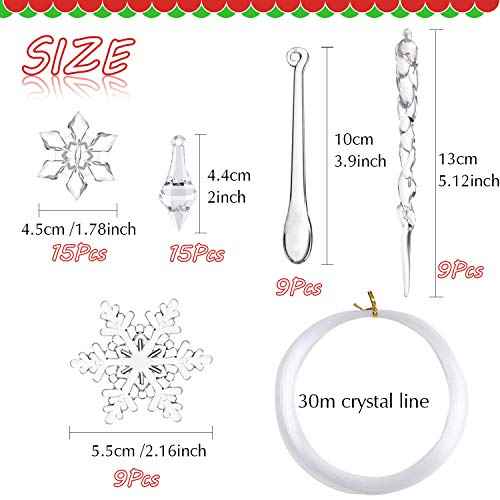 FEPITO 57 PCS Acrylic Snowflake Icicles Christmas Icicle Snowflake with Crystal Line Ornaments Set for Christmas Tree Decorations
