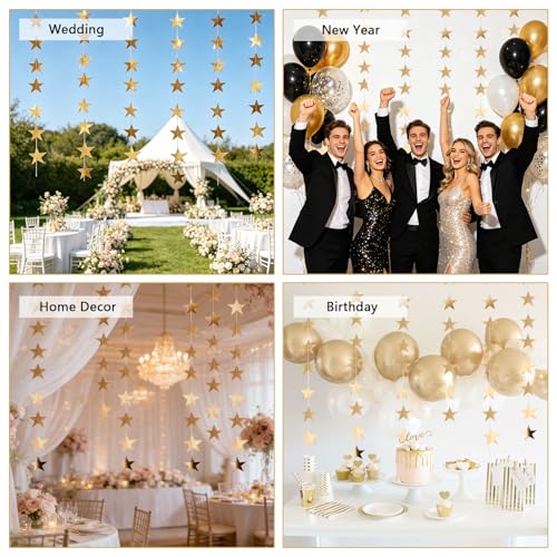 Metallic Gold Paper Star Garland 6 Pack 13ft, Mirror Streamers, Shiny