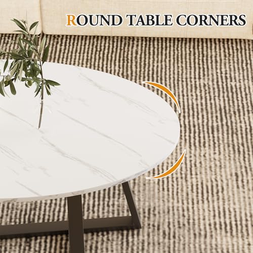 White Black Oval Coffee Table - Small Modern Living Room Side Table with Marble Top