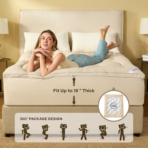 Beige King Mattress Topper - Thick Pillow Top Bed Cover, Soft Cooling Mattress Pad