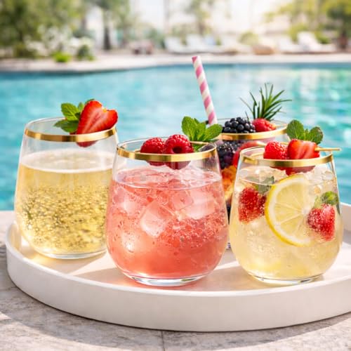 Oojami 48 Pack Disposable Plastic Stemless Wine Glasses 10 oz Gold Rim