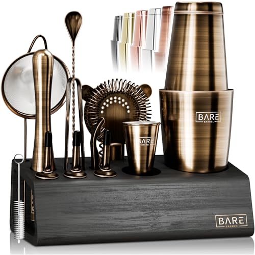 Mixology Bartender Kit Bar Set - 28oz Boston Shaker Brass & Black - 14-Piece Cocktail Barware with Recipe Cards