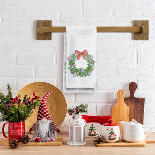White Chinoiserie Christmas Kitchen Towels 16x24in - Coquette Red Bow Wreath Hand Towels