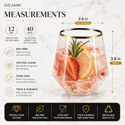 40 Pack 12 oz Disposable Plastic Wine Glasses with Gold Rim - Stemless, Reusable