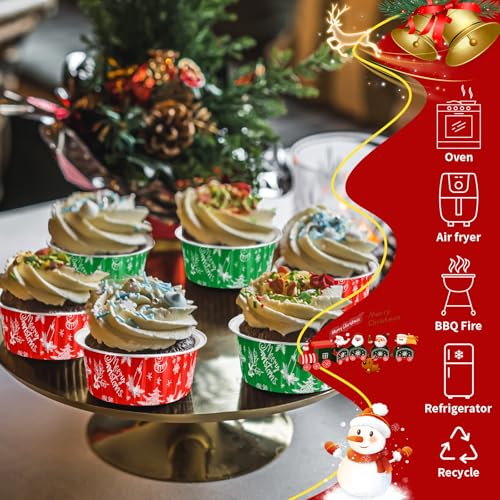 Potchen 200 Pcs Christmas Foil Baking Cups with Lids - 5oz Disposable, Classic Holiday Design