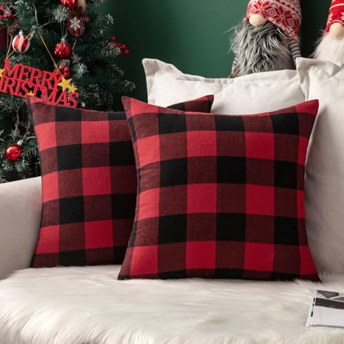 MIULEE 18x18 Inch Christmas Plaid Pillow Covers 2-Pack Black & Red